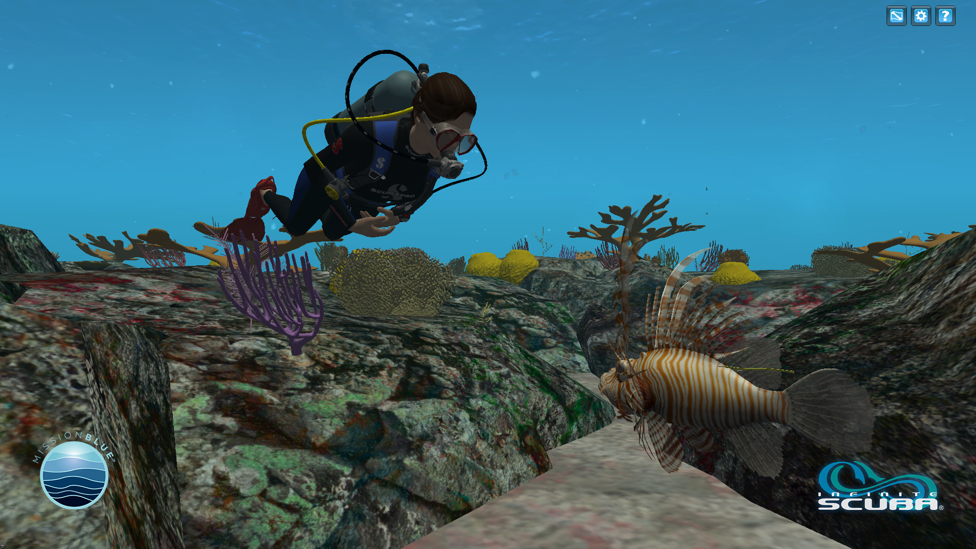 Dr. Sylvia Earle checks out an invasive lionfish in Infinite Scuba