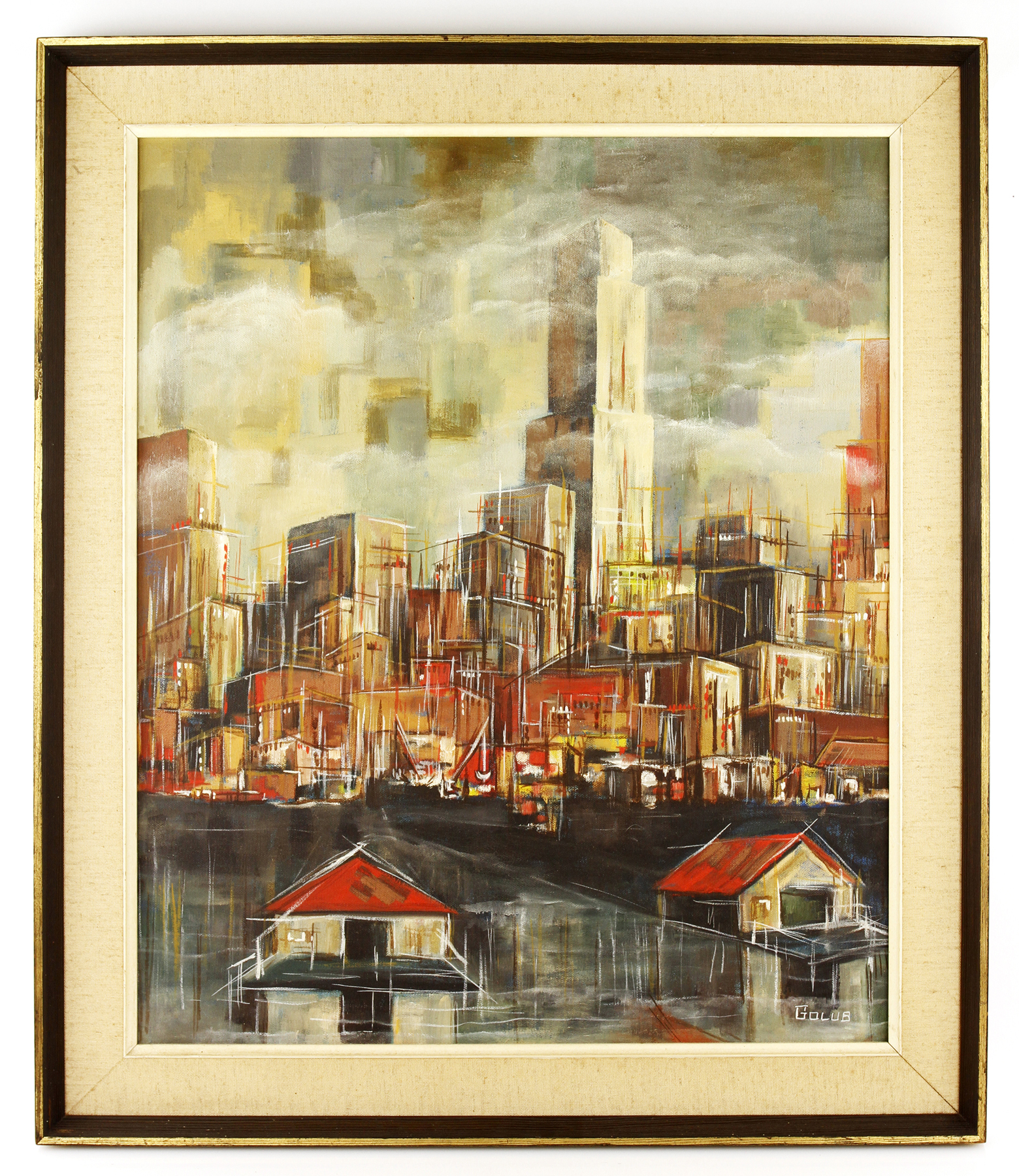 Leon Golub (American 1922-2004), cityscape, oil on canvas, signed lower right
