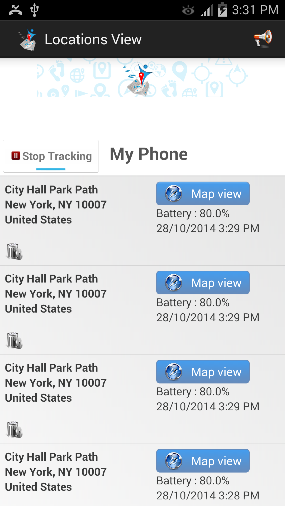 Location History screen