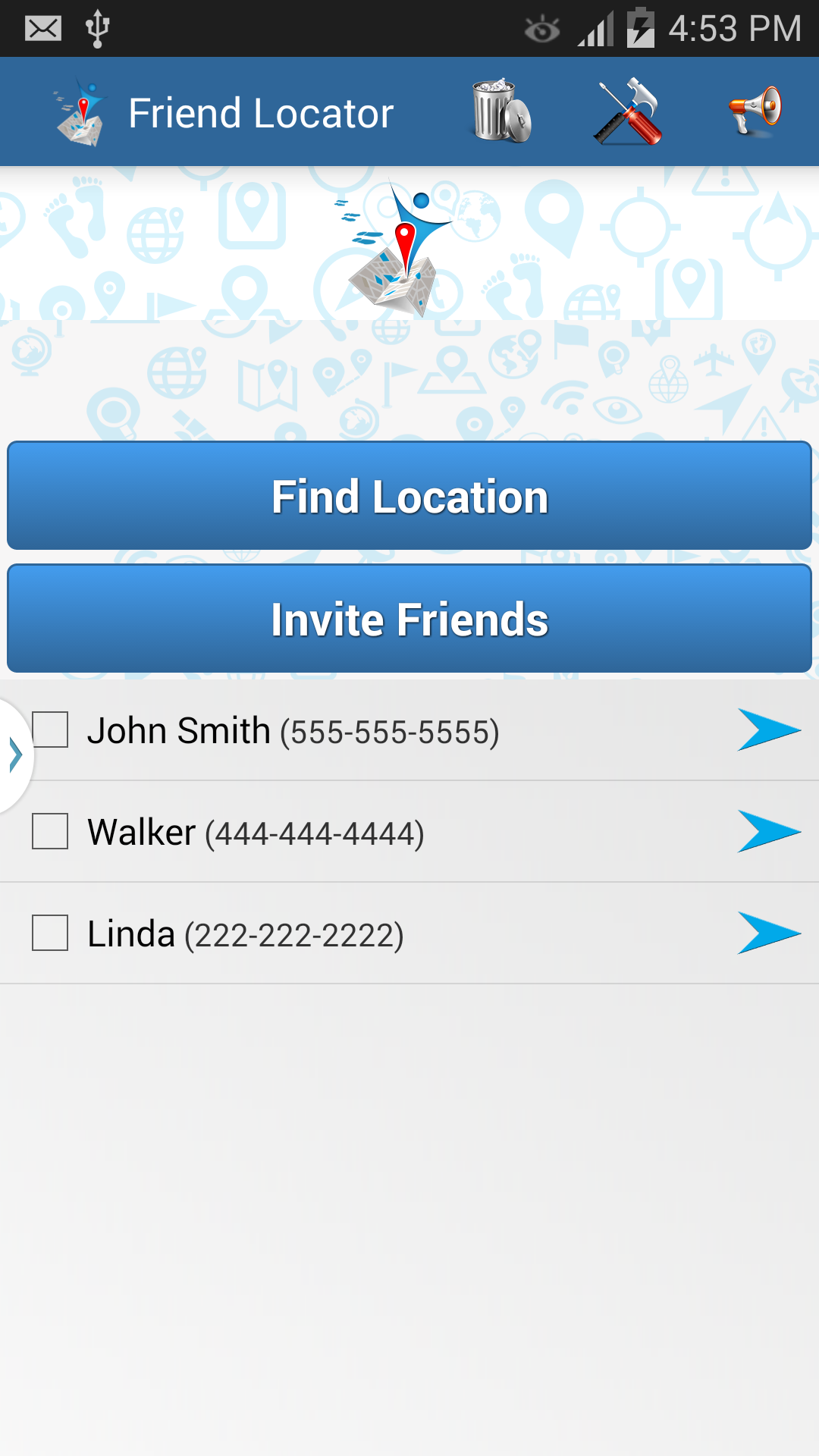Home screen of friend locator app