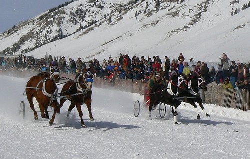 Horses pull snow chariots in the popular cutter racing event at Jackson Hole’s 10-day annual WinterFest celebration. (Photo: Jackson Hole Chamber of Commerce)
