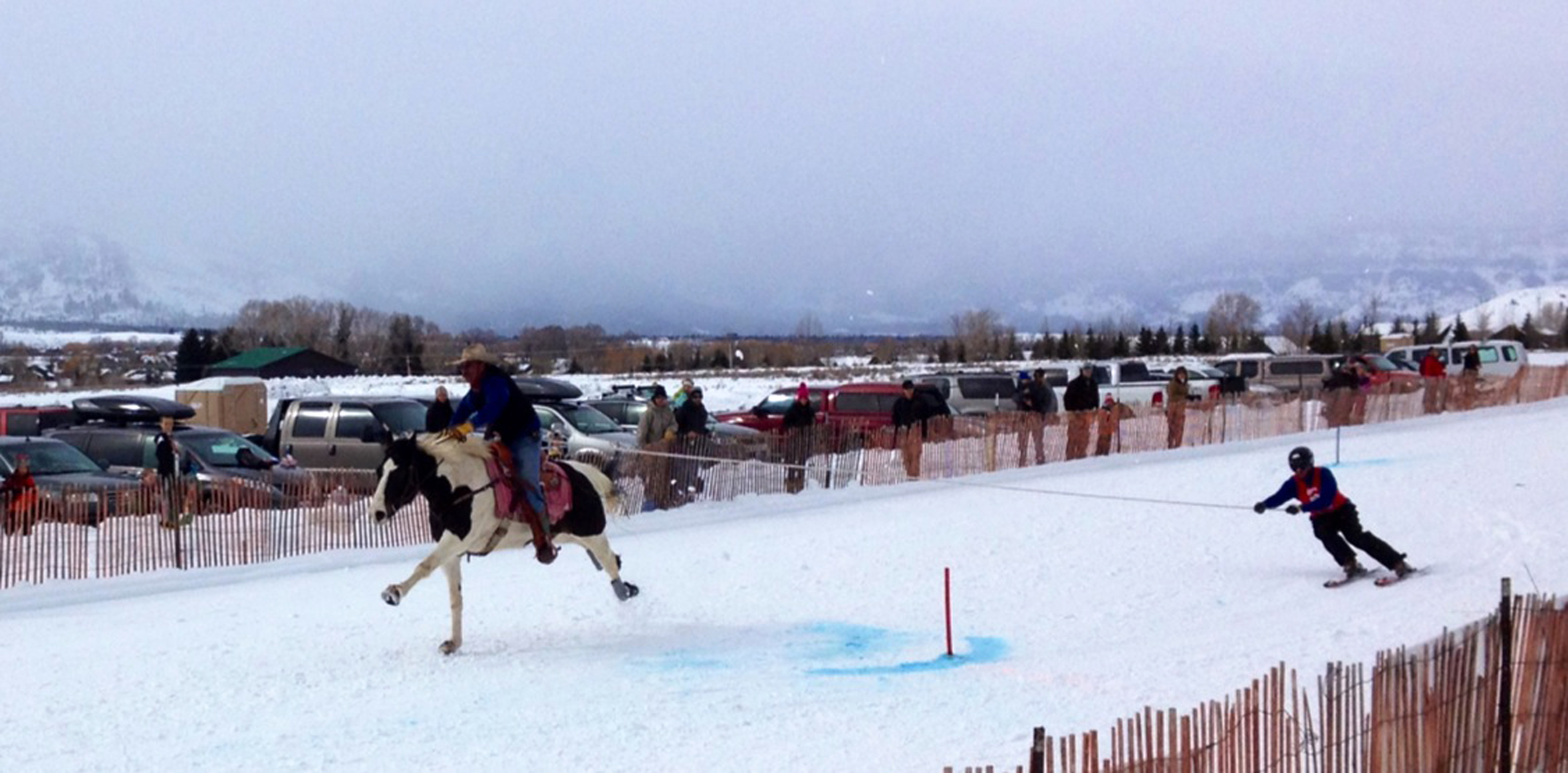 A skijoring athlete rounds a turn at Melody Ranch in one of several WinterFest horse events in Jackson Hole.