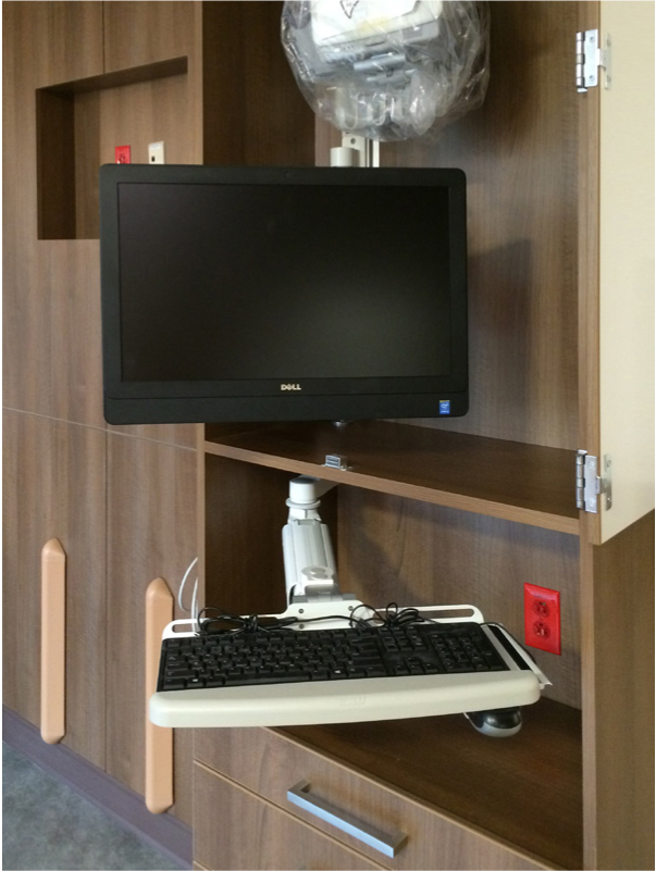 Inverted Ultra 180 arms and 6” Ultra extension arms provided necessary reach, vertical adjustability and in-cabinet stowage required  by Centura Health.