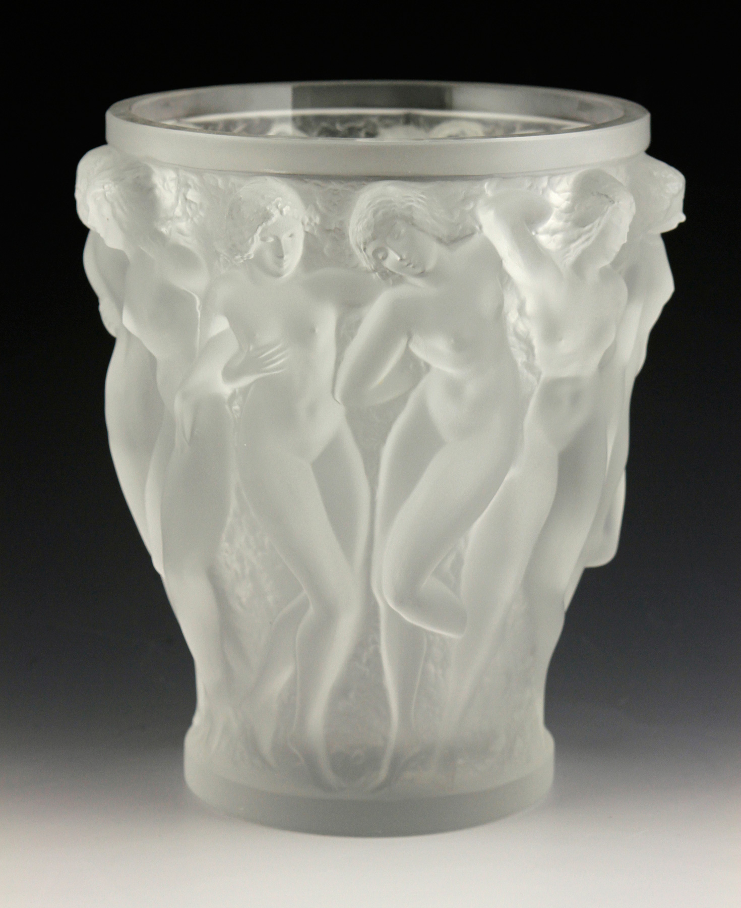 Mid 20th century Lalique "Bacchantes" vase, #12200, French, cast colorless glass, marked "Lalique France"