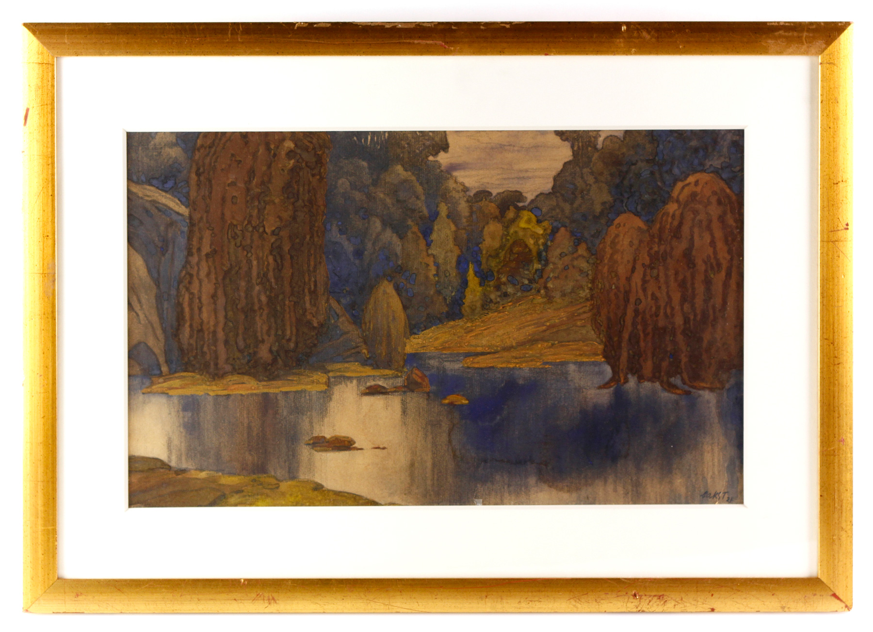 Leon Bakst (1866-1924), landscape with reflective pool, watercolor and pastel on paper, signed, dated 1921