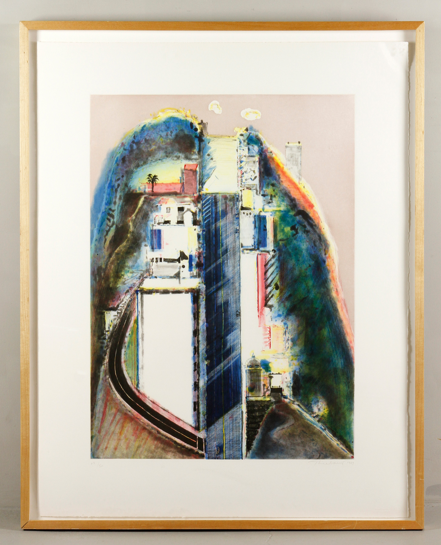 Wayne Thiebaud (American, b. 1920), "Steep Street," color spit-bite aquatint with dry point etching, edition 43/50, dated 1989