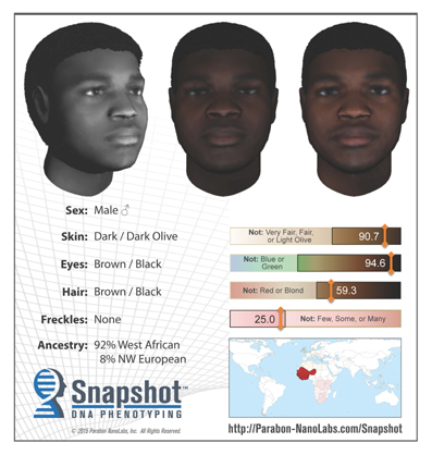 Snapshot composite of a person-of-interest produced by Parabon NanoLabs; released 9 January 2015 by the Columbia SC Police Department.  Because age is not predictable from DNA, this person may appear