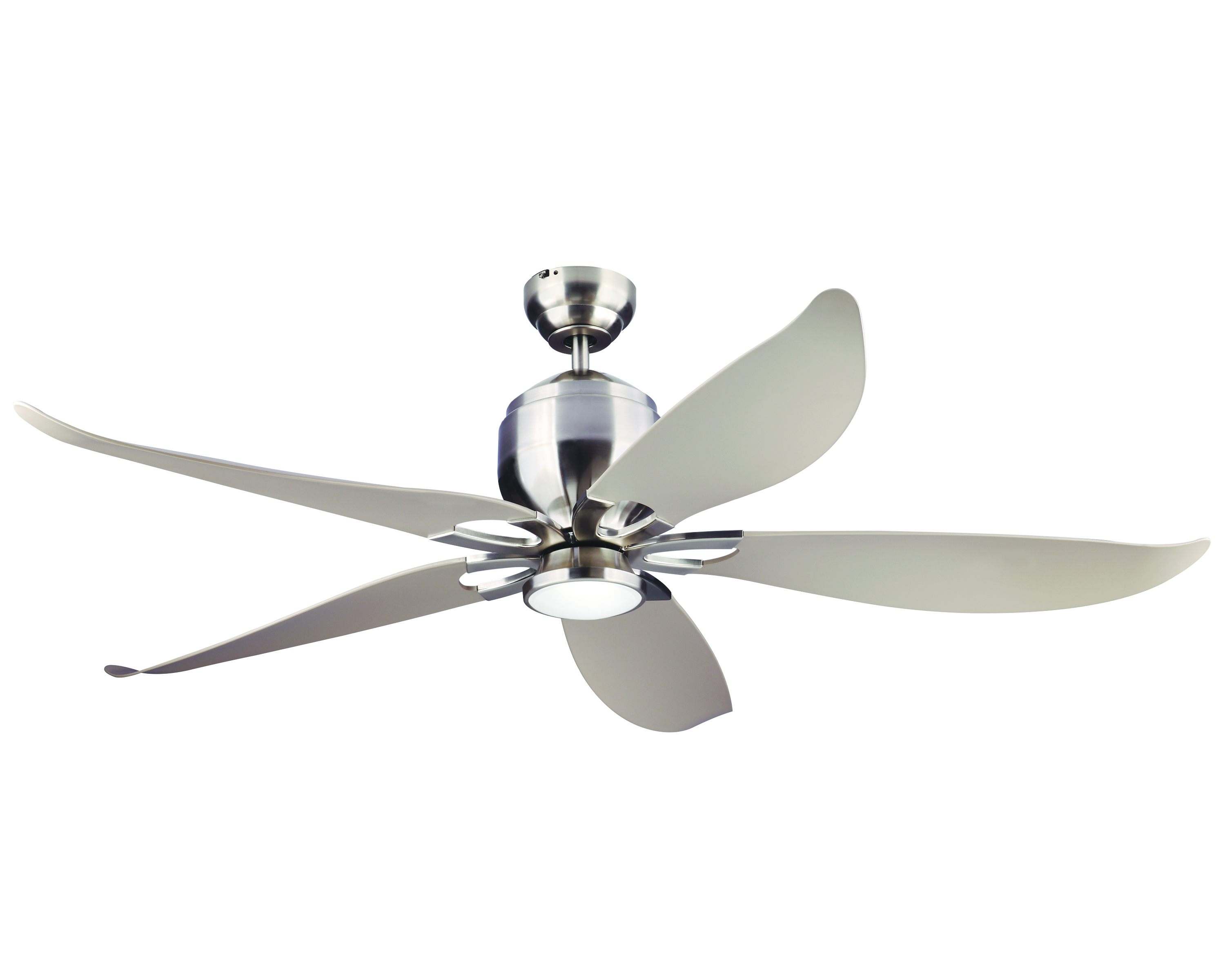 The Lily fan by Monte Carlo has a 12w integrated LED downlight encased in Clear Frost glass with 740 lumens of ourput.