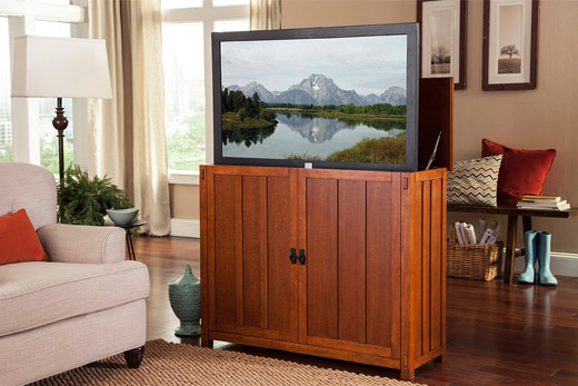 Touchstone Mission Elevate TV Lift Cabinet combines Arts & Crafts style with advanced TV lift technology.