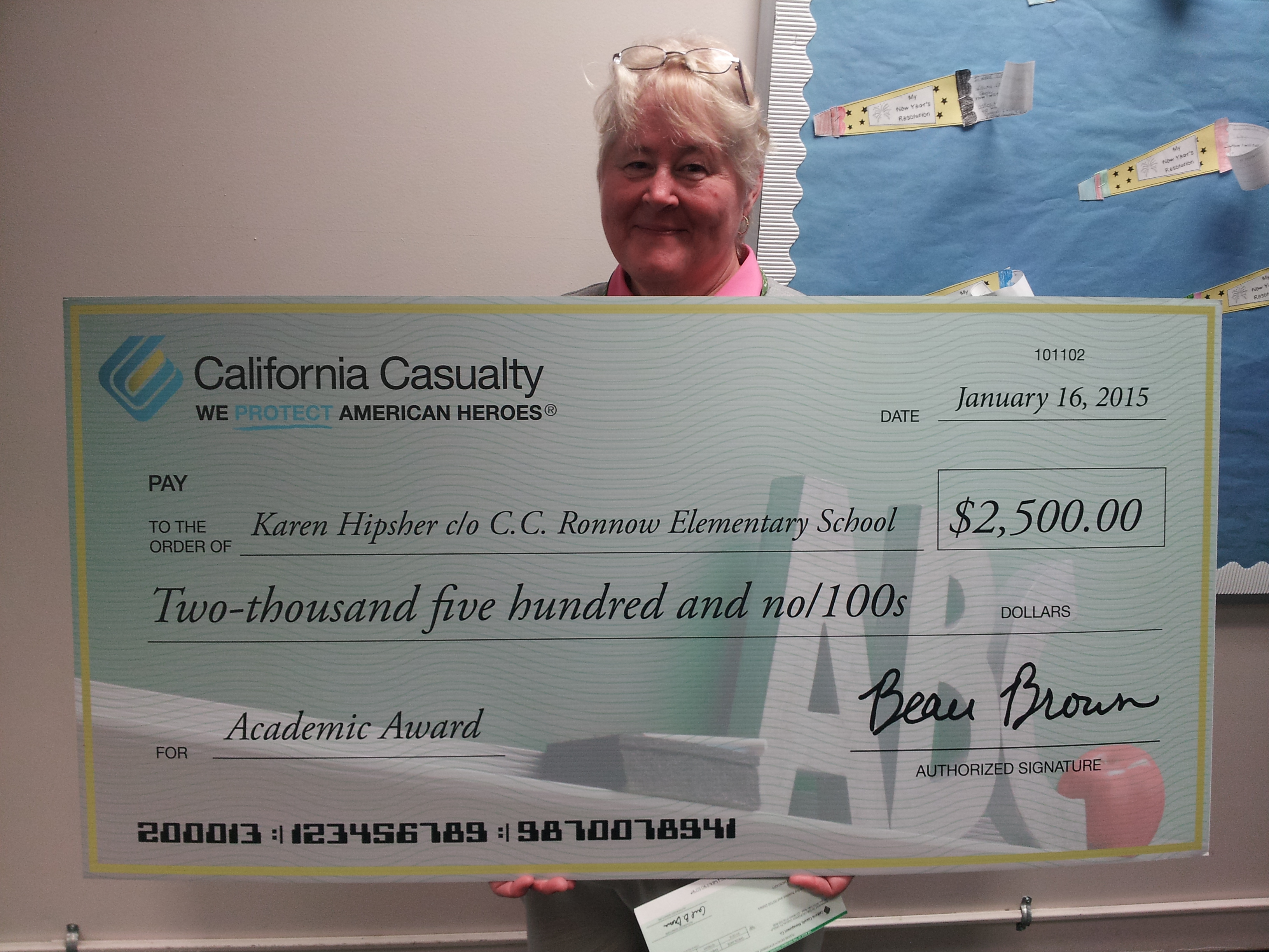 Previous winner Karen Hipsher with her $2,500 Academic Award from California Casualty