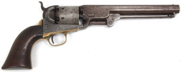 LOT 129 - Colt New York Navy Model 1851 Revolver. 7.5 in. octagonal barrel with rifled bore, .36 caliber, 6 shot single action percussion revolver with creep style ramrod, brass trigger guard and butt