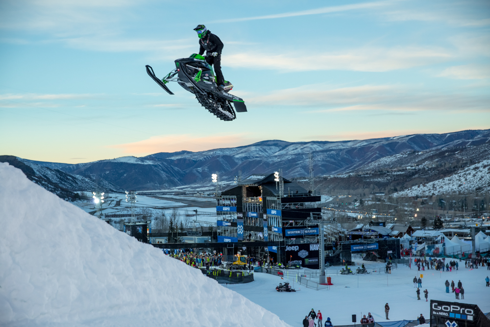 Monster Energy's Cory Davis Silver Snowmobile Long Jump X Games Aspen 2015