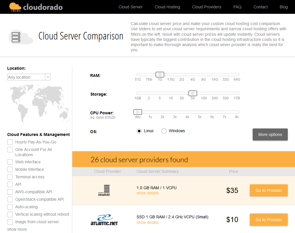 Cloud server comparison screenshot