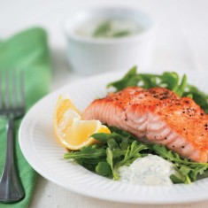 Baked Marinated Salmon with Mustard Dill Sauce: 324 calories from The Calories In, Calories Out Cookbook (The Experiment).