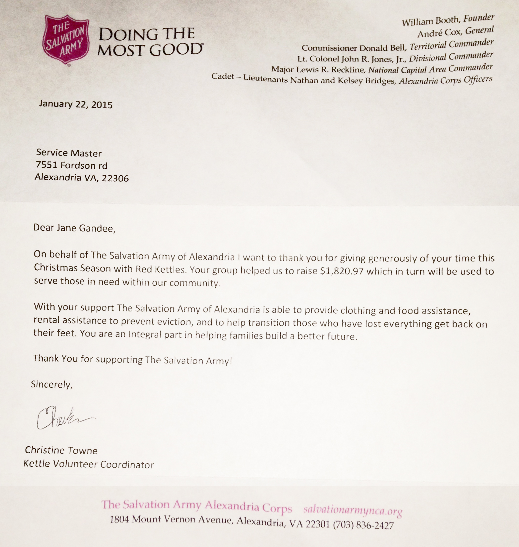 Salvation Army Thank You Letter to ServiceMaster NCR