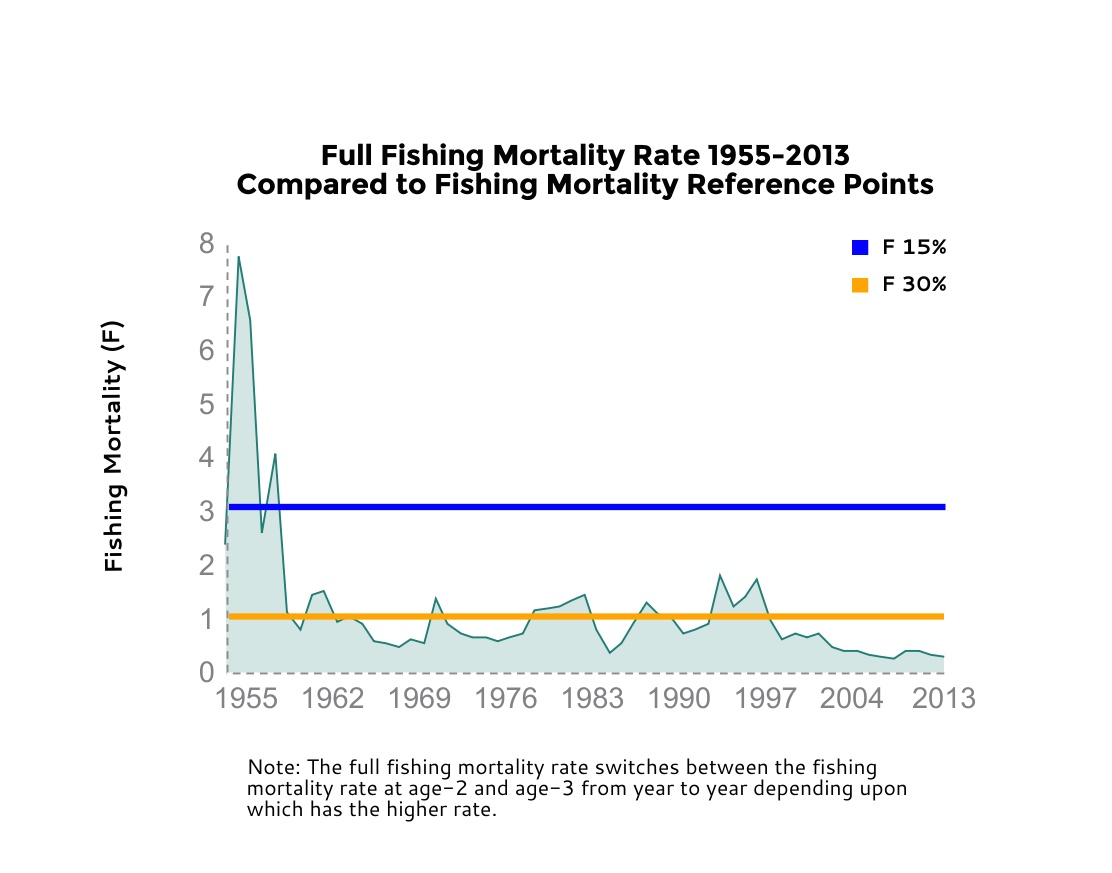 Graph: Atlantic menhaden fishing mortality—the percentage of fish caught by the fishery— has been at historic lows for the past seven years,  dipping well below recommended reference points.