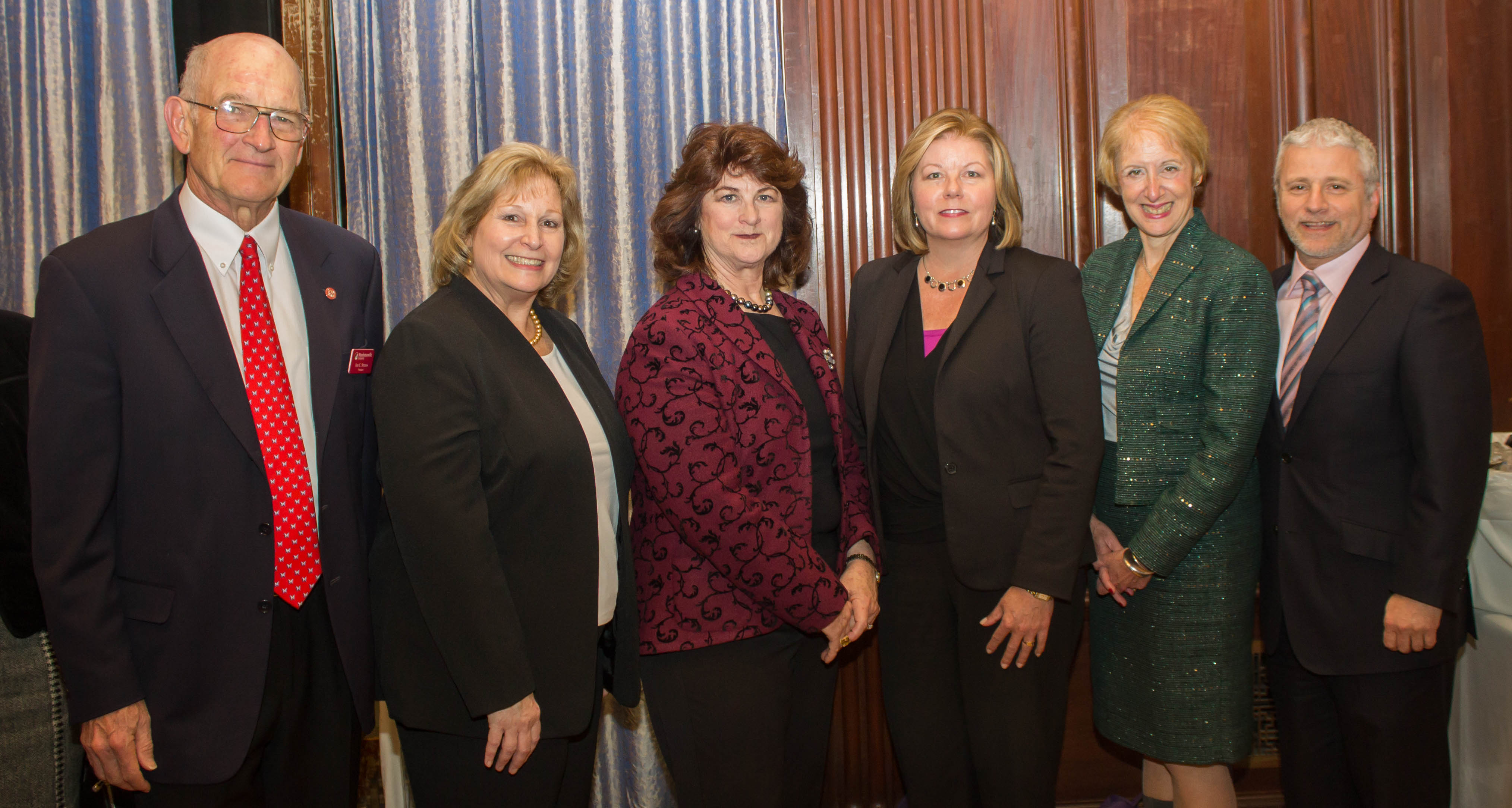 Manhattanville College President Dr. Jon Strauss; Women’s Leadership Institute Director Kathy Meany; event speakers Marcia DeWitt, Janet Hasson, and Marsha Gordon; and Dr. Anthony Davidson, dean.