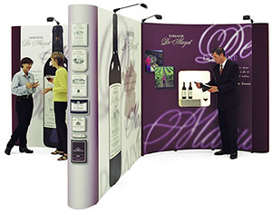 Adage Displays' wide selection of trade show pop-up booths are available in a variety of shapes and sizes like this Expand 2000 T-shaped pop-up booth.
