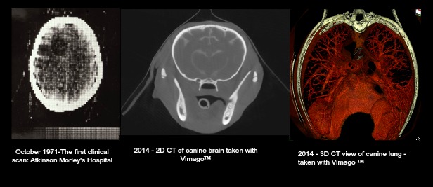 The evolution of CT from the first CT image taken in 1971, to images taken today, using Vimago™