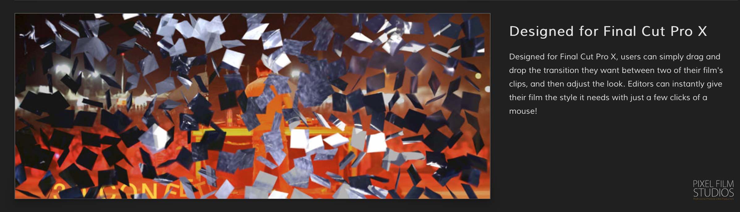 FCPX3D Confetti Transition effect for Final Cut Pro X from Pixel Film Studios