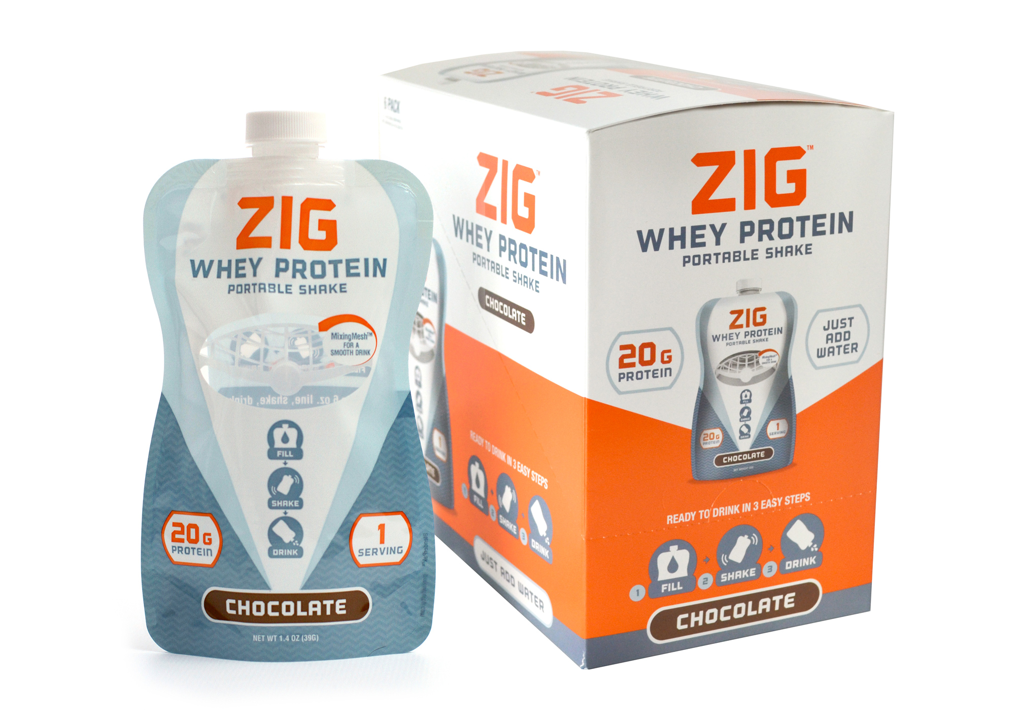 ZIG is a just-add-water portable protein shake. ZIG is sold online in 6-pack boxes.