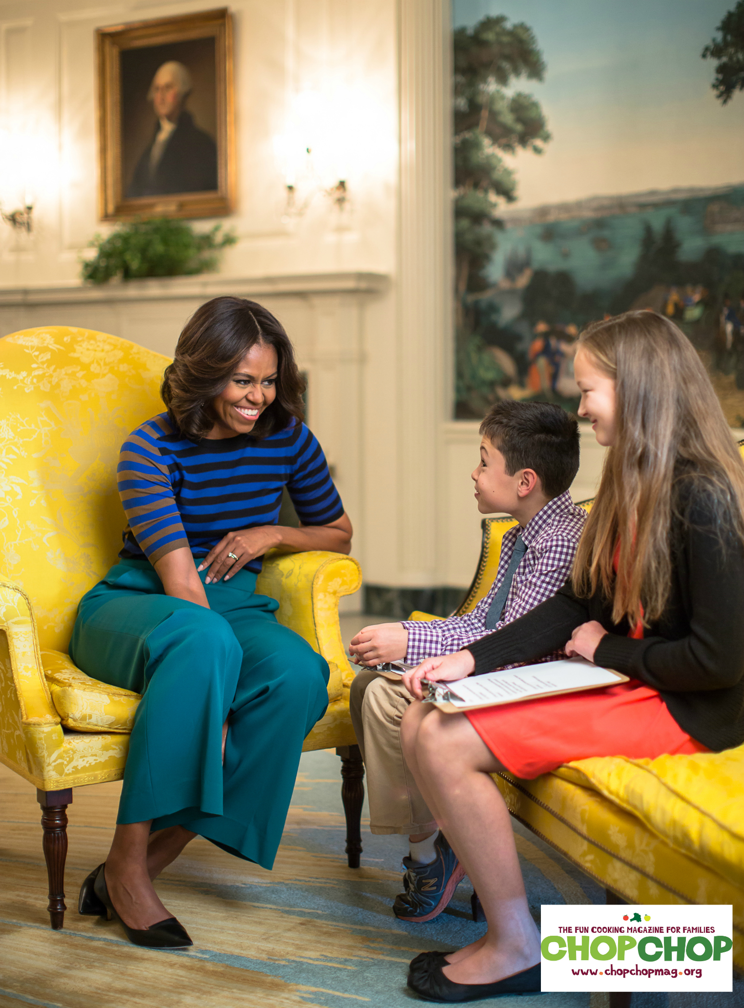First Lady Michelle Obama with Kid Reporters Will Sprague and Olivia Harvey, in the Diplomatic Reception Room at The White House