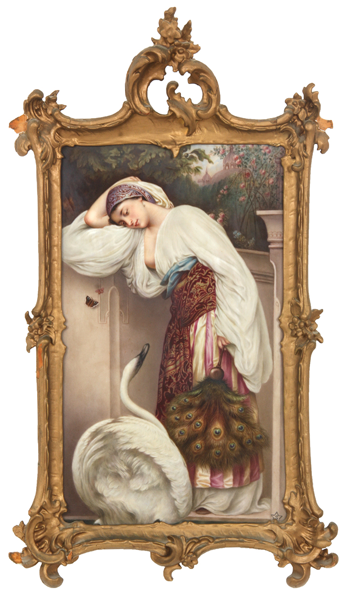 Lot 281: KPM hand-painted porcelain plaque with a scene of a lovely woman leaning against a wall.