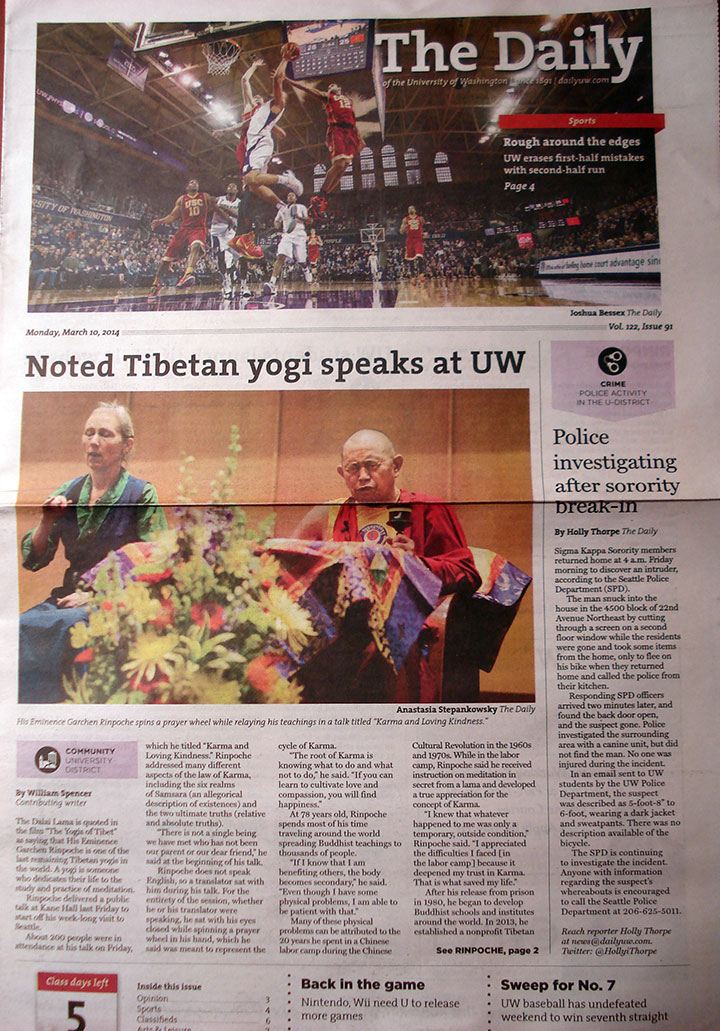 HE Garchen Rinpoche featured on cover of UW Daily.