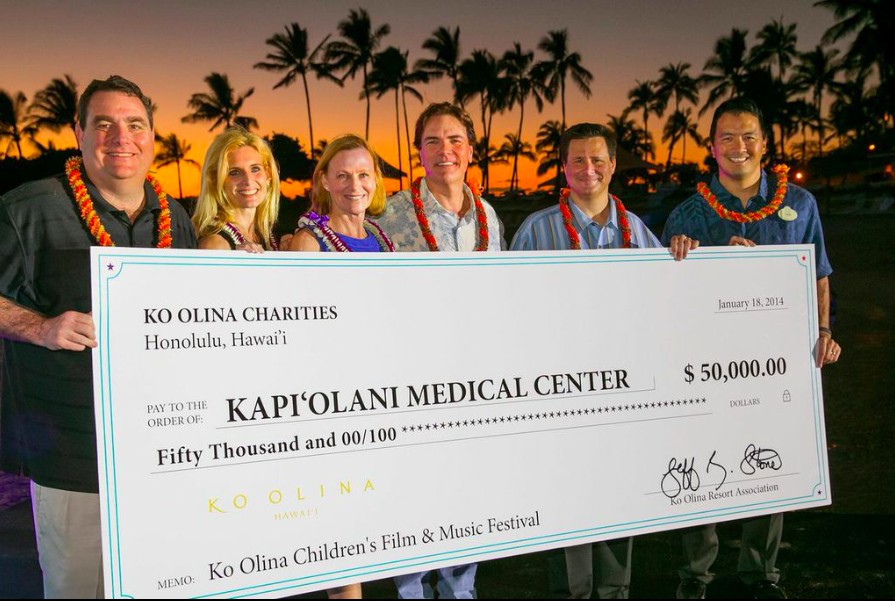 In 2014 Ko Olina presented Kapi'olani Medical Center the proceeds raised from the Ko Olina Children’s Film & Music Festival