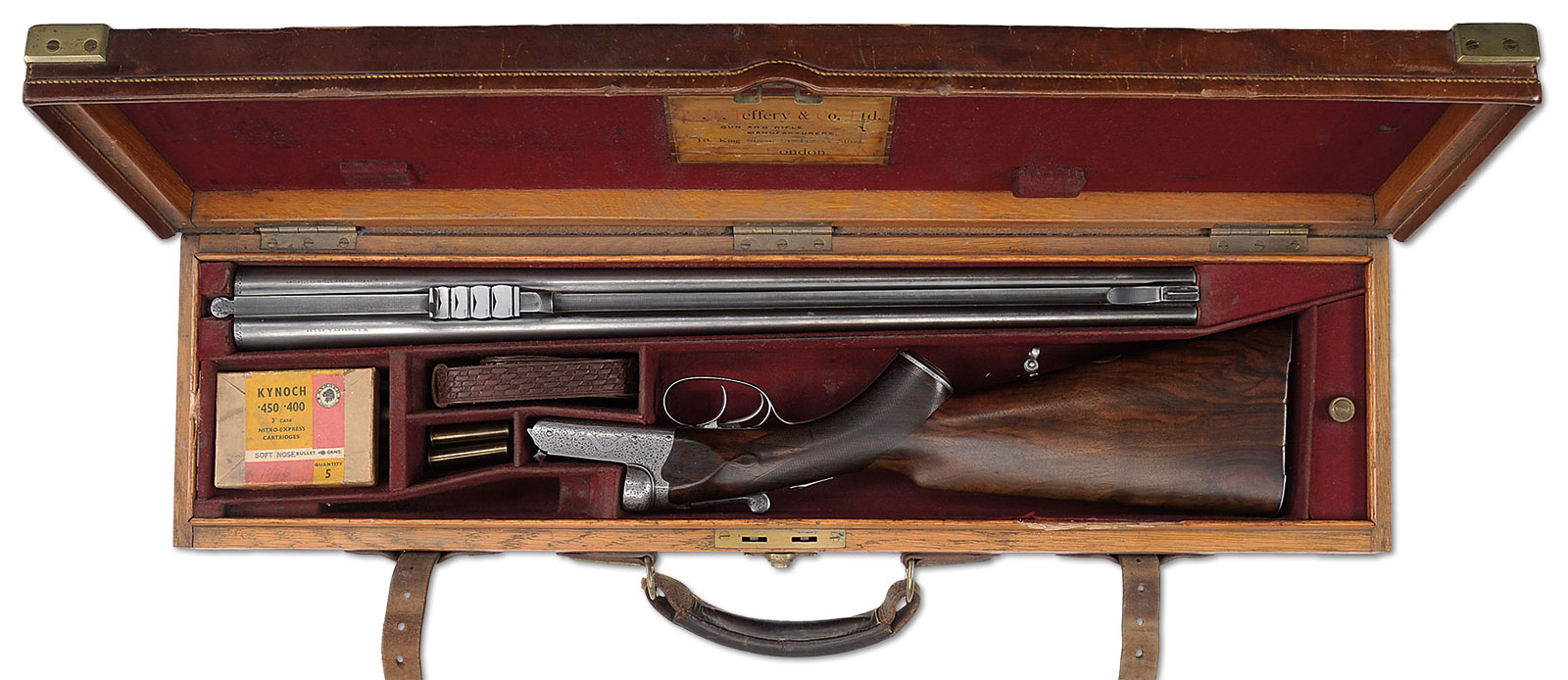 "Man Eating Tiger" Rifle In Original Beveled Edge Brass-Cornered Oak and Leather Case