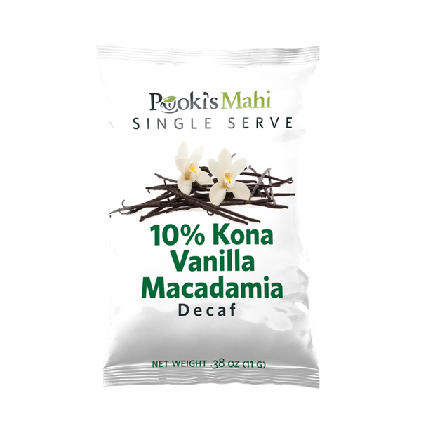 Pooki's Mahi's 10% Kona coffee pods, Decaf, Vanilla Macadamia Nut flavored