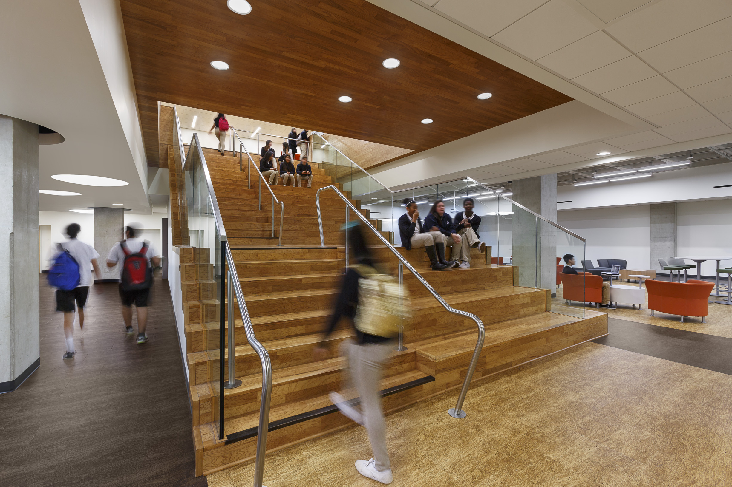 The central staircase doubles as an additional social learning space in the school.