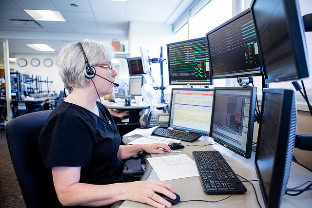 Linda Hill, a critical care nurse, virtually monitors patients from Mercy SafeWatch, the nation's largest single-hub electronic intensive care unit in St. Louis, Missouri.