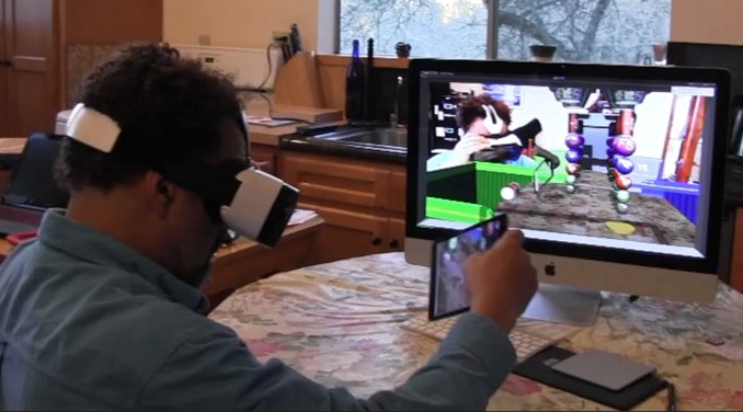 Virtual Reality user swinging an iPad to interact in Virtual Worlds