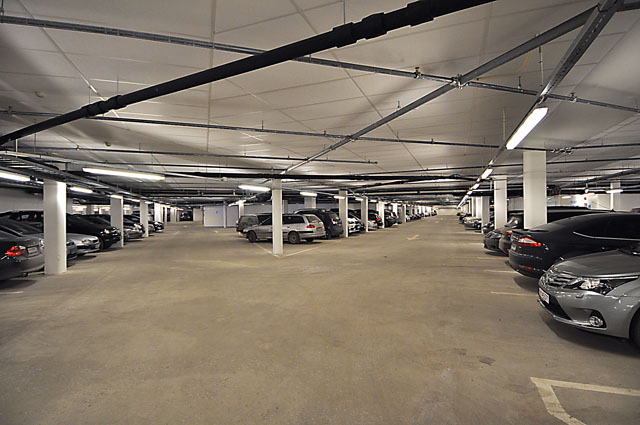 The underground parking garage (500-car capacity) of the Aker Solutions facility in Stavanger, Norway.