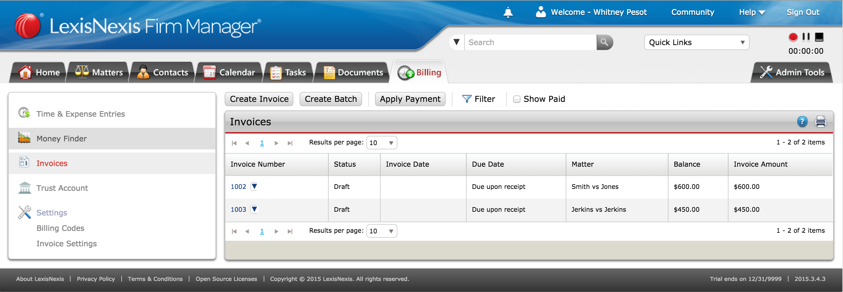 The Firm Manager product uses a “wizard” style tool to guide attorneys through the process of creating a batch of invoices.  This enables a law firm to establish a regular billing cycle to prepare all