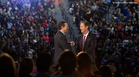 Liberty University President Jerry Falwell welcomes Sen. Ted Cruz to the Convocation stage.