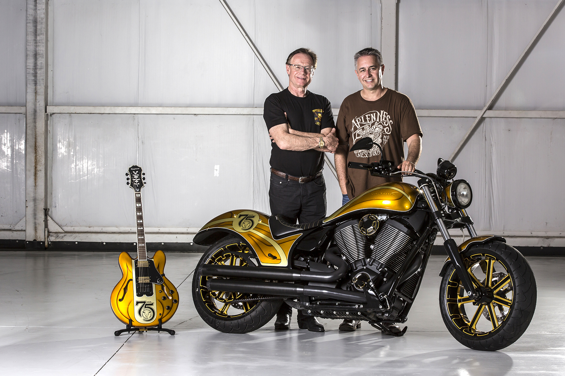 Buffalo Chip President, Rod Woodruff and premier bike customizer, Cory Ness show off the 2015 Sturgis Buffalo Chip's Sturgis Rider Sweepstakes prize package.
