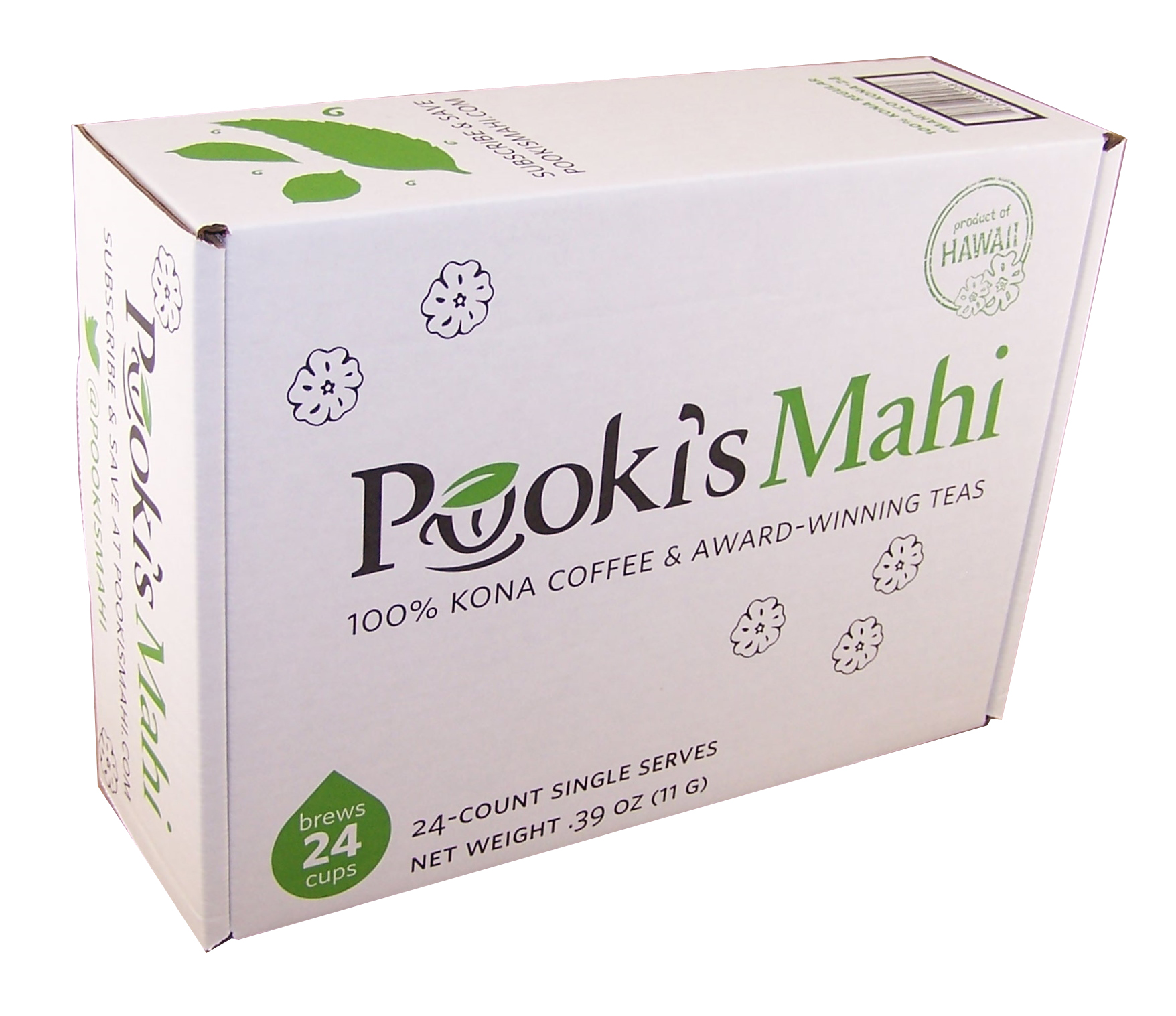 Pooki's Mahi's new environmentally packaging for sustainable 100% Kona coffee single serve pods product line.