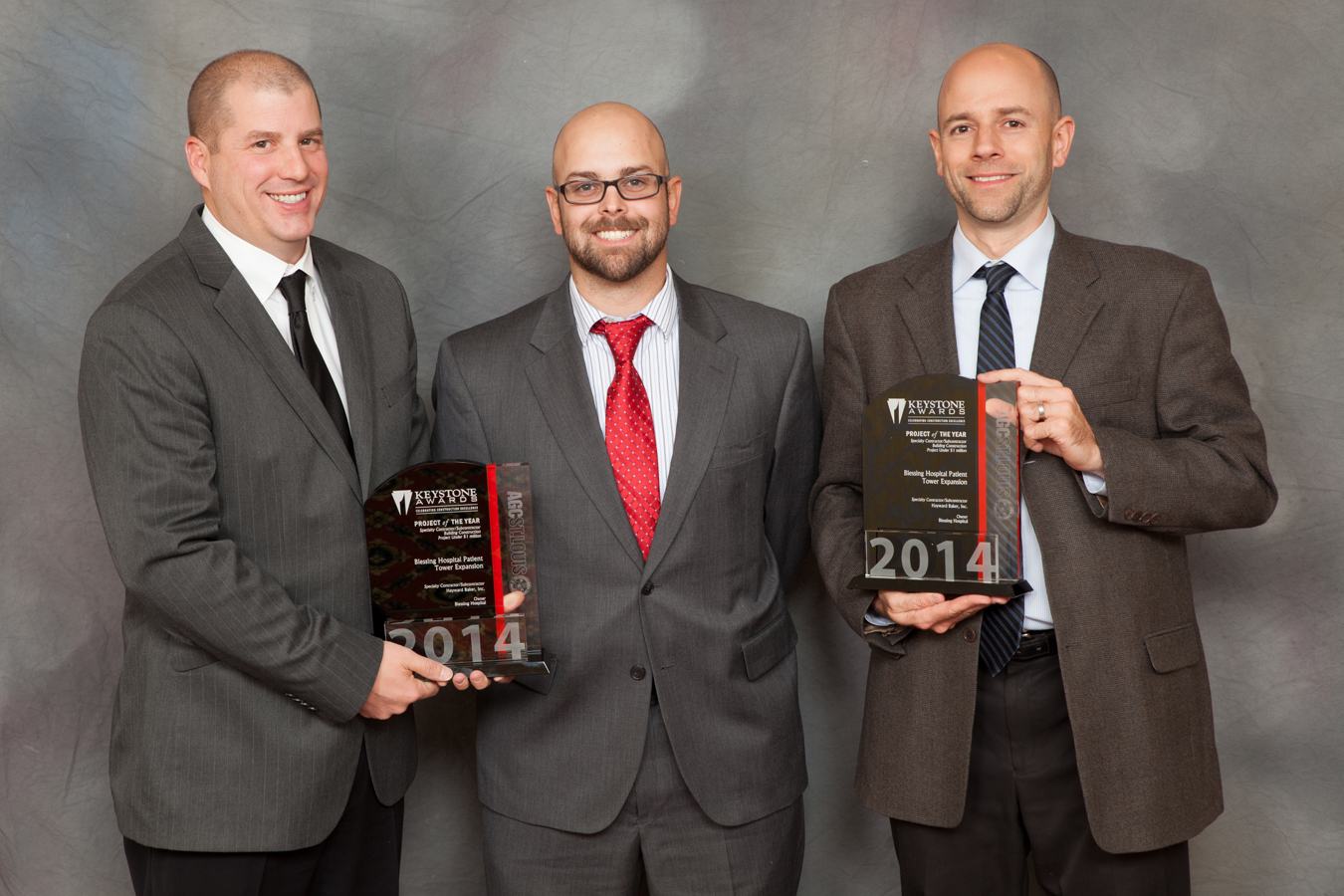 (L-R)  Senior Engineer Jeffrey R. Hill, PE, Project Engineer Dan Weingart, and area Manager Gregory A. Terri, PE of Hayward Baker's St. Louis area office were presented AGC's Keystone Award for 2014.