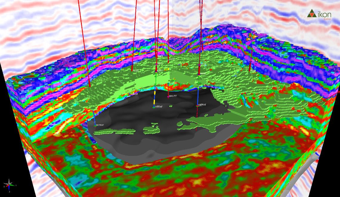 The image shows a 3D View of a RokDoc® Ji-Fi™ oil facies geobody with well intersections, a VpVs data volume and conventional seismic amplitude sections