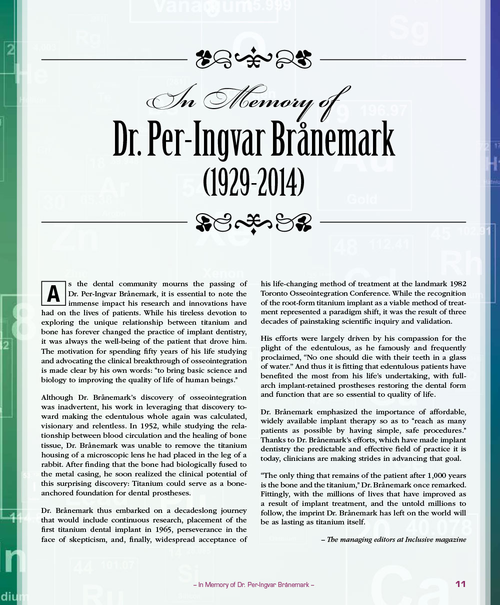 In Memory of Dr. Per-Ingvar Brånemark (1929 - 2014)