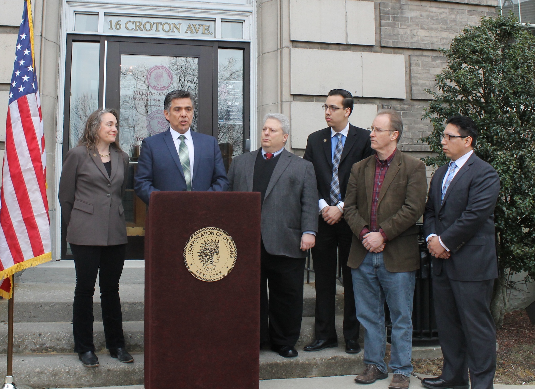 L-R: Village of Ossining Mayor Victoria Gearity, incoming Village Manager Abraham Zambrano, Trustee Robert Daraio, Trustee Omar Herrera, Trustee John Codman III, and Trustee Manuel Quezada