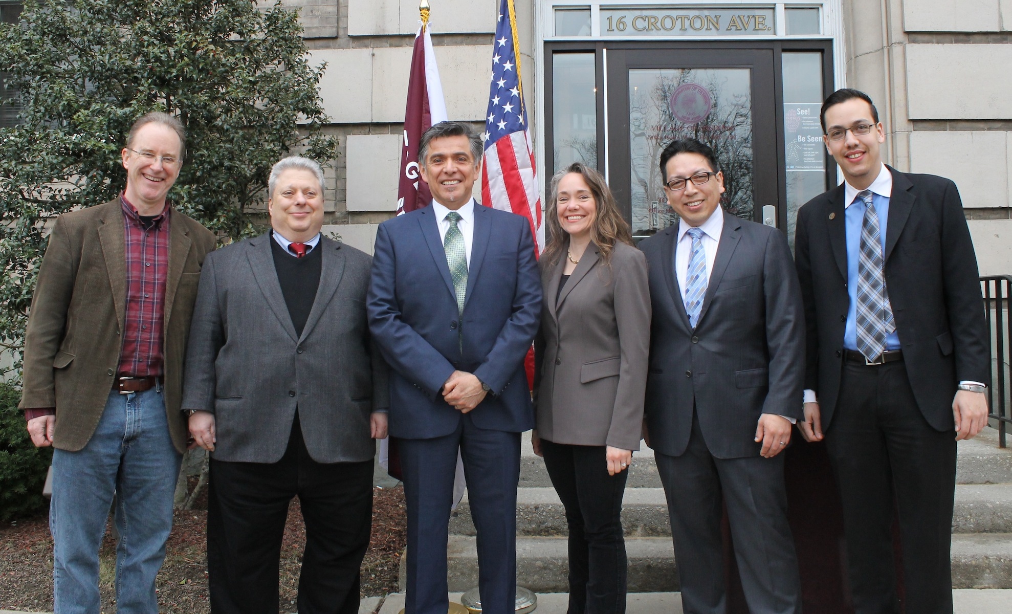 L-R: Village of Ossining Trustee John Codman III, Trustee Robert Daraio, incoming Village Manager Abraham Zambrano, Mayor Victoria Gearity, Trustee Manuel Quezada, and Trustee Omar Herrera