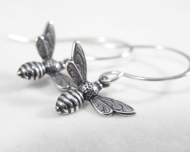 Simple Sterling Silver Bee Earrings from Luna Jewelry.
