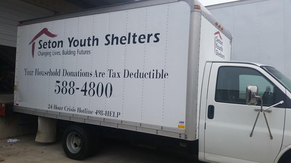 Donation pick up truck from Thrift Store USA, one of Seton Youth Shelters' major donors.