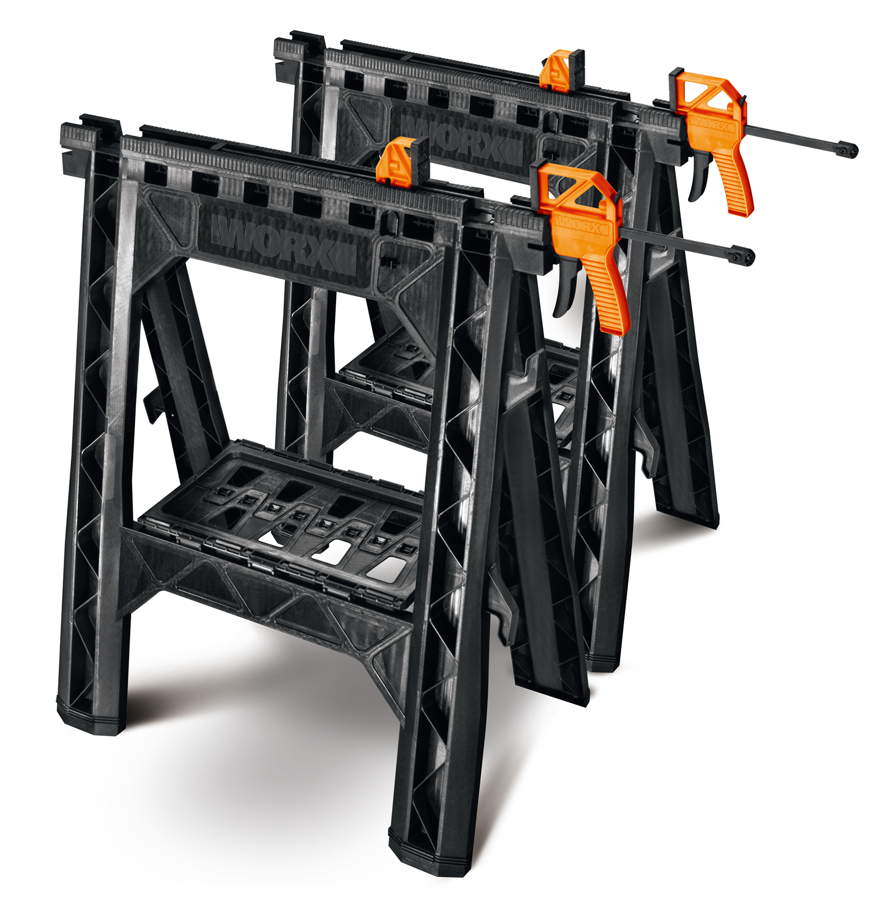 Two 18-inch bar clamps fasten without tools to WORX Clamping Sawhorses.