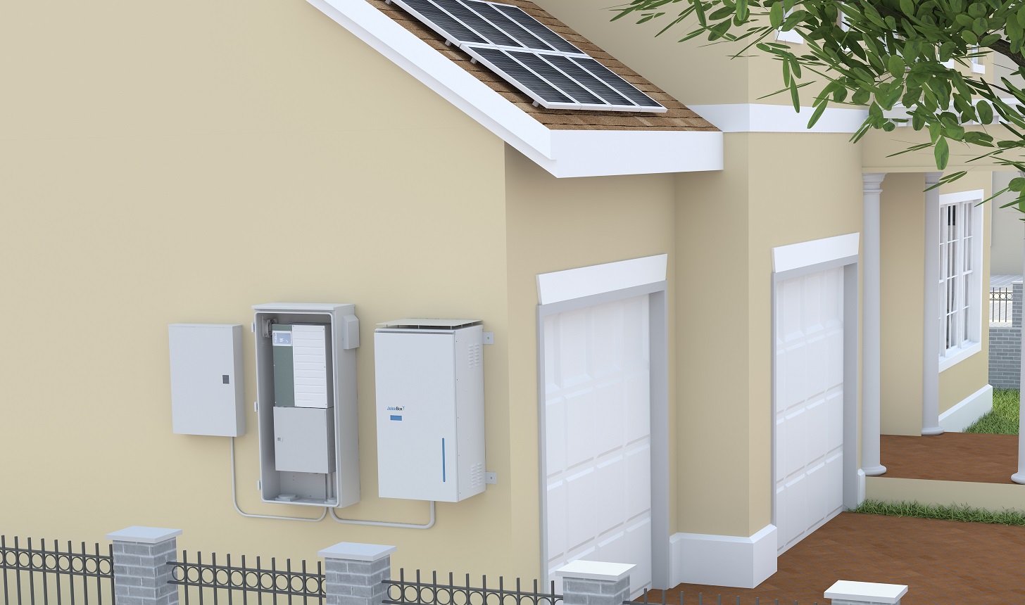 The JuiceBox 8.6kWh Energy Storage System shown in a white, outdoor configuration