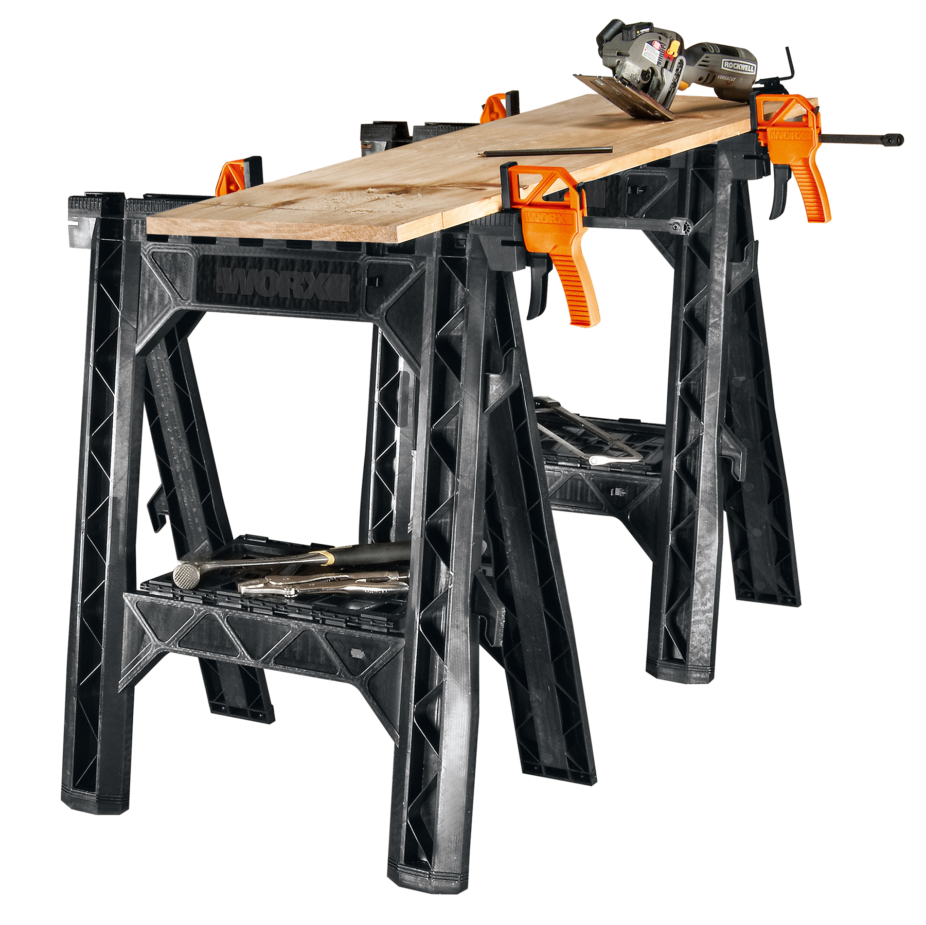 WORX Clamping Sawhorses have 32 inch working height and include storage shelves and cord wraps.