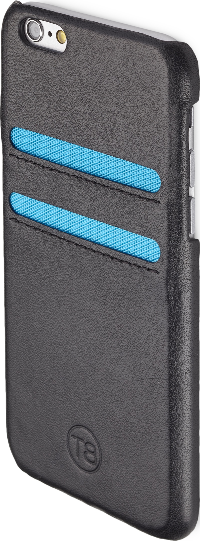 T8 Salt iPhone 6 wallet case in black leather and blue trim